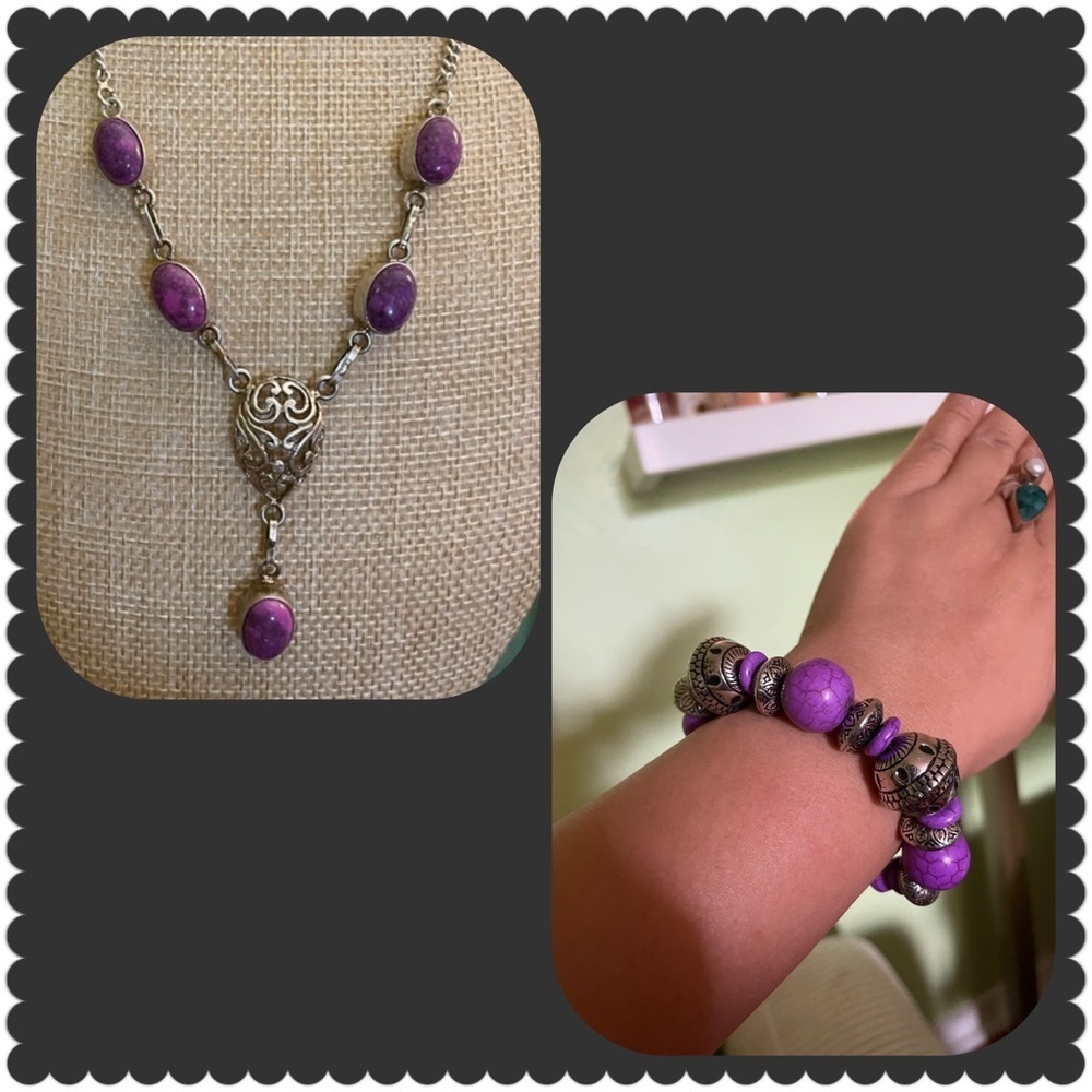 925 stamped sterling silver filigree necklace & bracelet with purple Howlite
